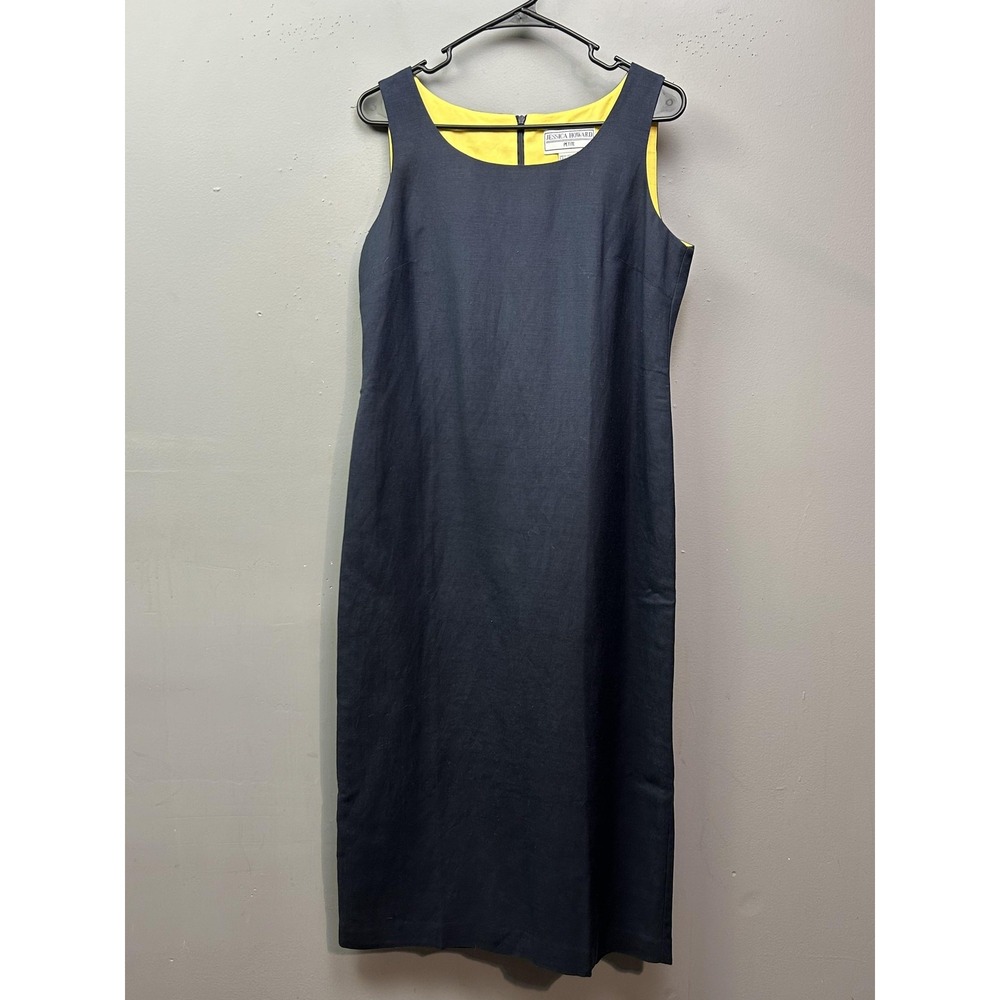 Jessica Howard Dress Womens 10 Petite Navy Blue Sheath Linen Blend Sleeveless